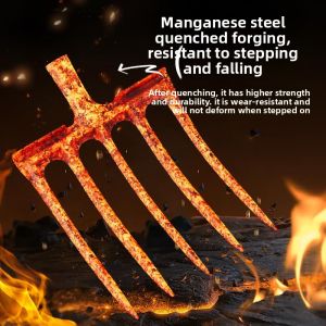 MONLEYTA | Steel Fork Iron Shovel Ground Breaking Loosen Soil Digging Peanuts Home Garden Farming Tools Four-Pronged High Carbon Steel Handle Wood