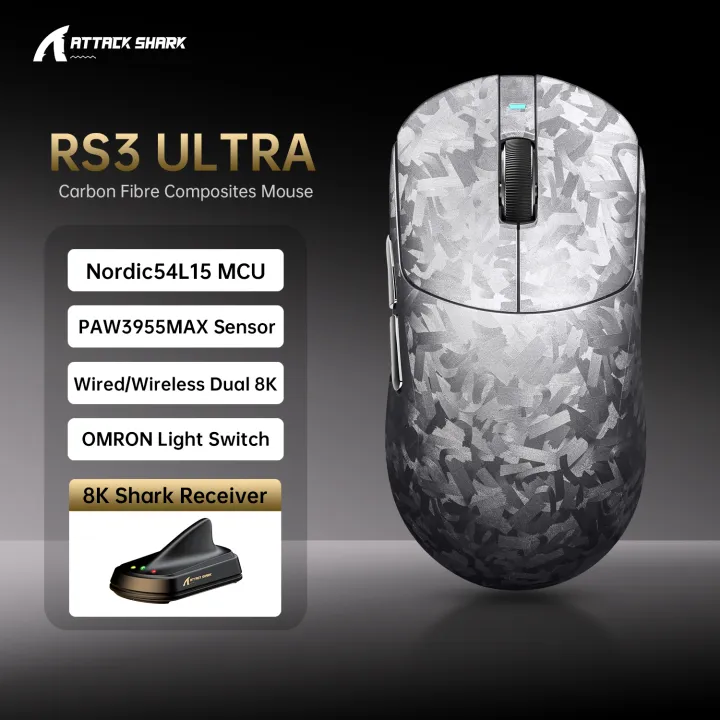 ATTACK SHARK RS3 ULTRA Carbon Fiber Wireless PAW3955MAX Gaming Mouse, Nordic 54L15 MCU, 52,000 DPI, 8000Hz Polling, 5 Levels LOD, Omron Optical Switches