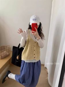 Early Autumn 2025 New Style Pure Color Korean Knitted Halter Top Woolen Vest Cute Girls Summer Fashion Casual Wear