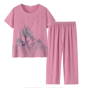 Casual Short Sleeve round Neck Print Two-Piece Set for Middle-Aged And Elderly Women Summer New Style Mommy Clothes Loose Fit