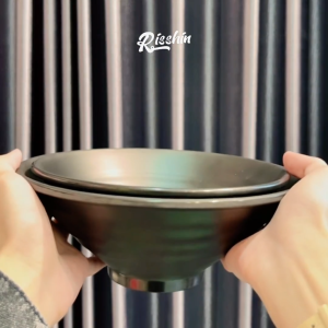 RISSHIN Mangkuk Mie Piring Bulat Piring Saji Hitam 100% Melamin Food Grade Tahan Panas Kuat Modern