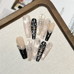 10 Chiếc Móng Tay Giả Hình Chữ T Dài Được Làm Thủ Công Với Thiết Kế Hình Con Bướm Rỗng Và Đính Đá Pha Lê Cho Lễ Kỷ Niệm Tiệc Cưới