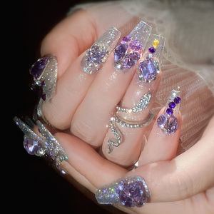 【With Glue】Female Mid-length Fake Nail Purple Diamond Decor Artificial Nail for Women and Girl Party Activity