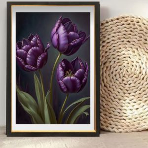 Hiasan dinding lukisan cetak Bunga tulip ungu cantik plus bingkai uk 45x65cm