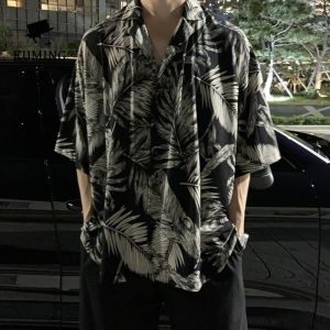 KUMING Hawaiian Floral Shirt Mens Short Sleeved Loose Thin Shirt