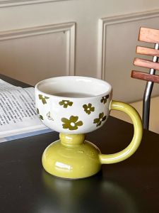 Retro Ceramic High-legged Dessert Cup Mug Home Breakfast Cup Afternoon Tea Pudding Ice Cream French Style Cup