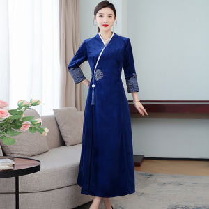 New Chinese Style Velvet Long Dress Womens Cheongsam Tea Ceremony Clothing Fall Season A-Line Skirt V-Neck Long Sleeve