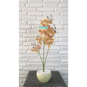Tanaman Plastik Artificial Bunga Anggrek X3 Kuning Pot Melamine Motif Serat Kayu Tanaman Hias Dekorasi Ruangan Aesthetic