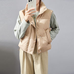 White Stand Collar down Cotton Vest Women Winter New Style Elegant Shoulder Pad Cotton Jacket Warm Small Size Vest Coat