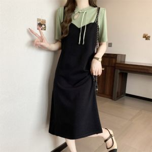 New Chinese Style Loose T-Shirt Dress Maternity Summer Clothing High Waist A-Line Skirt Fake Two-Piece Dress Korean Style