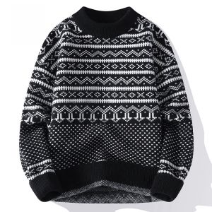 ROMON | Romon Mens Knitted Sweater Casual Thickened Hooded Round Neck Winter Fashionable Loose Fit Long Sleeve Polyester Blend