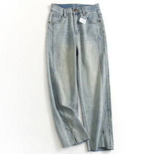 Slim Fit Jeans High Waist Straight Leg Washed Blue Jeans Open Slit Pants Versatile Womens Denim Straight Leg Trousers