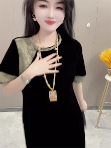 New Chinese Style Velvet Dress Womens Summer Slimming Short Skirt Button Design High Waist round Neck Short Sleeve Commute Fashion