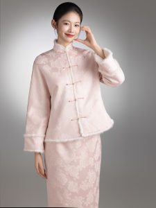 Pink Fleece Lined New Chinese Style Cheongsam Set Wedding Engagement Party Dress Floral Embroidery Long Sleeve Mid-Length Skirt
