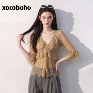 xocoboho | Elegant Unique Light Coffee Lace Chiffon Womens Shirt