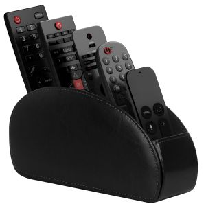Leather Remote Holder 5 Compartments Remote Control Holder | Black Faux Leather Remote Caddy for TV DVD Blu-Ray Media Player