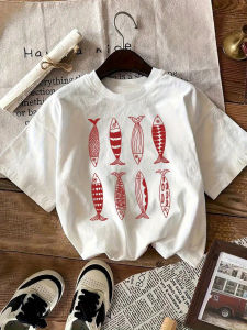 Vintage Red Fish Graphic Tops Casual Short Sleeve Print Shirt Crew Neck Womens T-Shirt Female Clothing Suitable for All Season