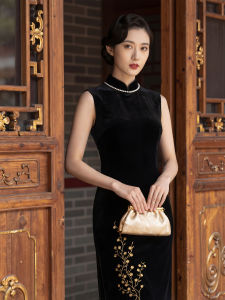 Retro Slimming Chinese Qipao Dress Velvet Sleeveless Spring Summer New