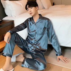 ชุดนอนผู้ชาย ผ้าไมโครไฟเบอร์ เสื้อเชิ้ตผ้าซาติน แขนยาว ชุดนอนลำลอง ไซส์ใหญ่ ชุดนอนใส่สบาย