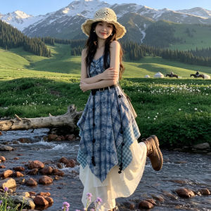 LIRUSHAN | Summer Blue Plaid Dyeing Asymmetrical Waistline Long Dress