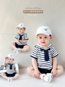 Baby Summer Clothing New Arrival Boys Sailor Collar Jumpsuit Babys Short-Sleeved Romper Girl Stripes Romper Thin Fashion