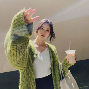 Ladies Thickened Knitted Sweater Coat V-neck Lantern Sleeve Long Sleeve Autumn Winter Middle-length Loose Fit Fufu Outerwear