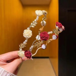 French Retro Rose Red Flower Pearl Hairband Summer French Retro High Sense Hairpin Headdress Niche Design Pressure Hair High-End Unique Niche Headband