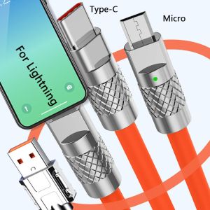CoAce 3in1 2in1 6A 120W USB Fast Charger Cable For iPhone Micro USB Type-C 8-Pin Charging Cable For Huawei Samsung Xiaomi Wird Cord