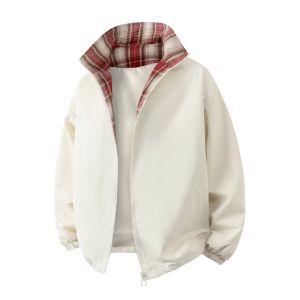 ZHUOCAN | Black Checkered Splicing Stand-collar Advanced Spring Autumn Couples Jacket
