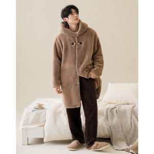 Autumn and Winter Mens Pajamas Thick and Fluffy Hooded Loungewear Coral Fleece