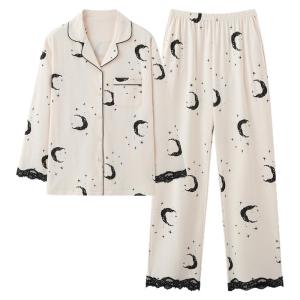 MiiOW | Pure Cotton Lace Trim Sleepwear Set Womens Long Sleeve Long Pants Home Clothes Spring Autumn New Arrival Cat Person Official