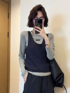 Korean Design Long Sleeve Base Shirt And Vest Two-Piece Set Womens Fashion Early Autumn New Style Color Collision Layering