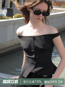 Modern Retro Slim Fit Elastic Shoulder Bared One Shoulder Top Women Summer High Waist Sensation Cotton Button up Short Style