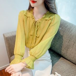 BaKuSen 2023 Autumn New V-neck Long Sleeve Ruffle Hem Shirt Women Design Sensation Base Layer Top Fashionable Casual Wear