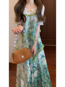 Retro High-End Floral Print Maxi Dress Tea Break Style Gentle Summer Fashion Soft Medium Stretch Loose Fit A-Line Silhouette