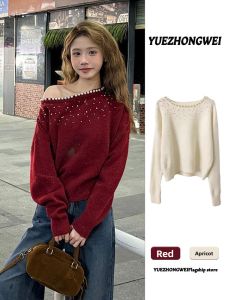 YUEZHONGWEI | Asymmetrical Slanted Shoulder Lazy Style Red Sweater