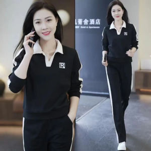 Sporty Two-Piece Set for Women Autumn Winter Fashion Anti-Aging High-End Color Block Hat Sweatshirt Wide Leg Pants Street Style