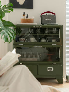 Unicafurn Japanese Style Retro Metal Cabinet Iron Clad Cupboard Home Living Room Drawer Storage INS Glass Display Cabinet