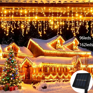 LED Solar Ice Bar String Lights Outdoor Curtain Fairy Lights 8 Modes Christmas Landscape Lights Party Garden Decoration Light