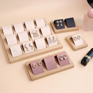 Bamboo Wood Earrings Display Stand DIY Velvet PU Leather Jewelry Storage Tray for Window Counter Props Show