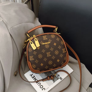 Fashionable round Handbag Womens Commuter Shoulder Bag Crossbody Bag Elegant British Style Soft PU Leather Printed Pattern