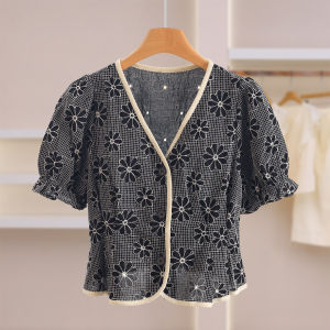 Plaid and Embroidery Single-breasted V-neck Short Jacket