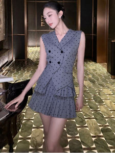 MUBEELE | Fashionable Polka Dot Sleeveless Set For Women Summer 2025 Polyester And Rayon Blend Button Up Mini Skirt And Vest Combo