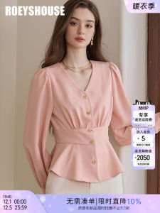 French Style Pink Bubble Sleeve Waist Cinched Shirt V Neck Ruffle Hem Top Roey S House Womens Fashion Shirt 2025 Autumn New Arrival