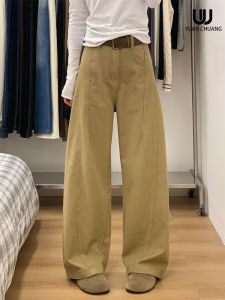 Khaki Wide Leg Casual Jeans Womens Loose High Waist Slimming American Style Casual Loose Fit Floor-Length Pants