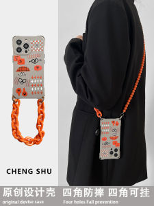 Cute Graffiti Expression Grey Slant Cross Phone Case for  13 12 pro Max 15 pro with Orange Chain Full Cover Lens Protection Womens Style
