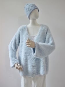 Casual Versatile Loose V-Neck Mid-Length Open Cardigan Faux Fur Jacket Layered Top Womens Sweater Thick Warm Knitted Long Sleeve