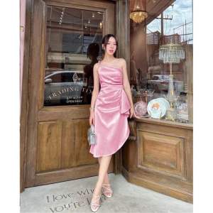 เดรสราตรี S/M/L ใส่ออกงาน สายเดี่ยวผูกโบว์ไหล่ข้างเดียว ชายจับจีบเก๋ๆ