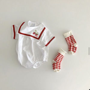 Korean Style Summer Bodysuit for Boys and Girls Cute Cartoon Sailor Collar Short Sleeves Casual Jumpsuit and Socks A4562