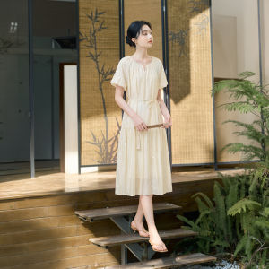 XIANGYING | Resort Style Bubble Sleeve Embroidered Lyocell Waist-Tie Dress